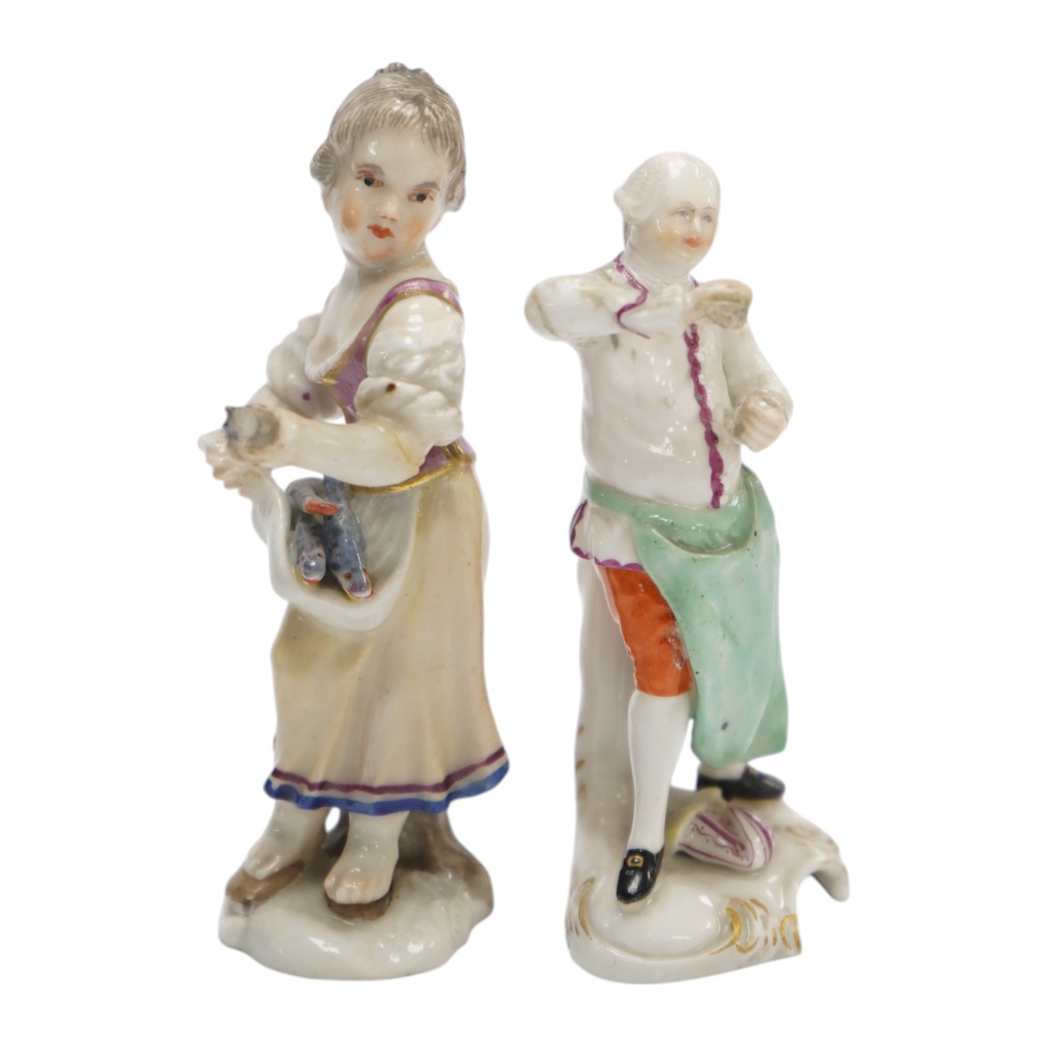 Two 19th century German porcelain figures, Hochst and Buen Retiro style marks, 9.5cm. Condition - fair